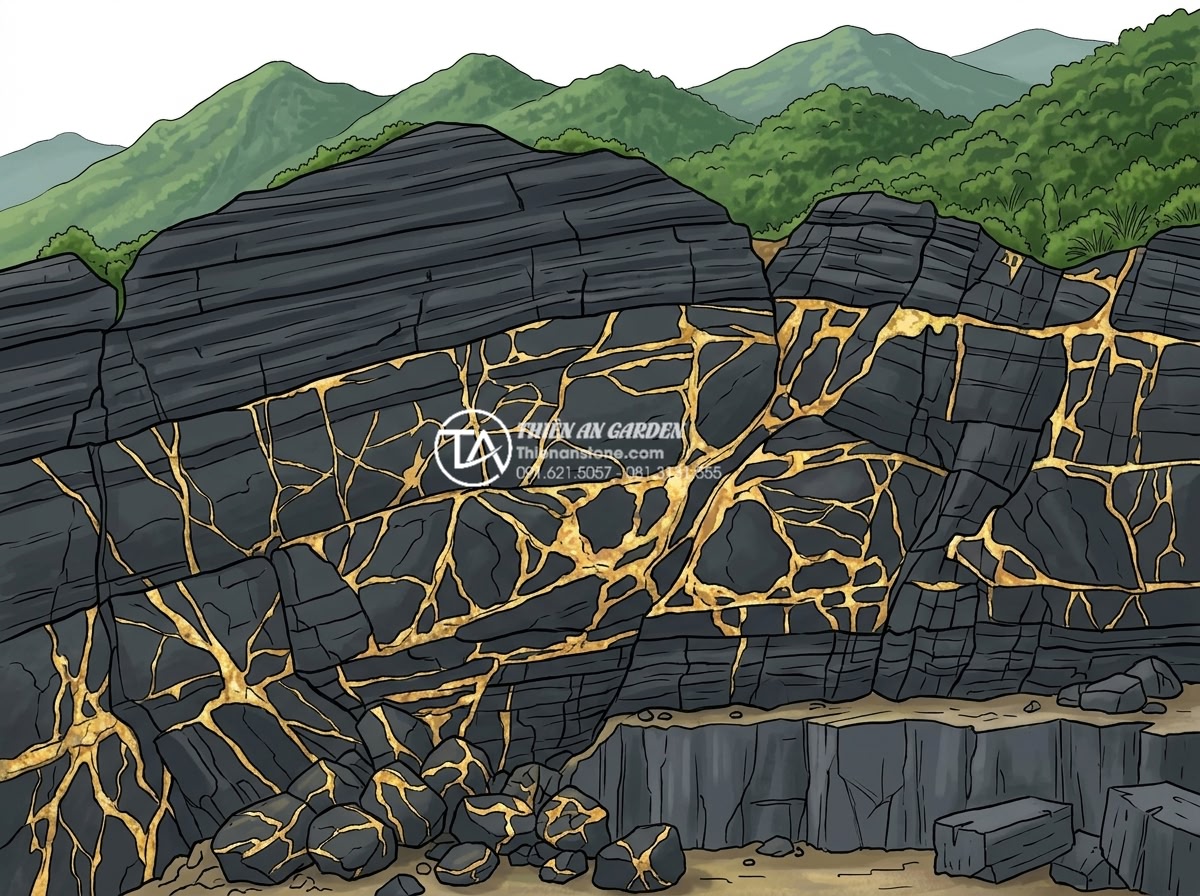 Đá rối vàng quay tay: Quy trình sản xuất và giá trị thẩm mỹ - Geological cross-section illustration of ancient rock layers in Vietnamese mount