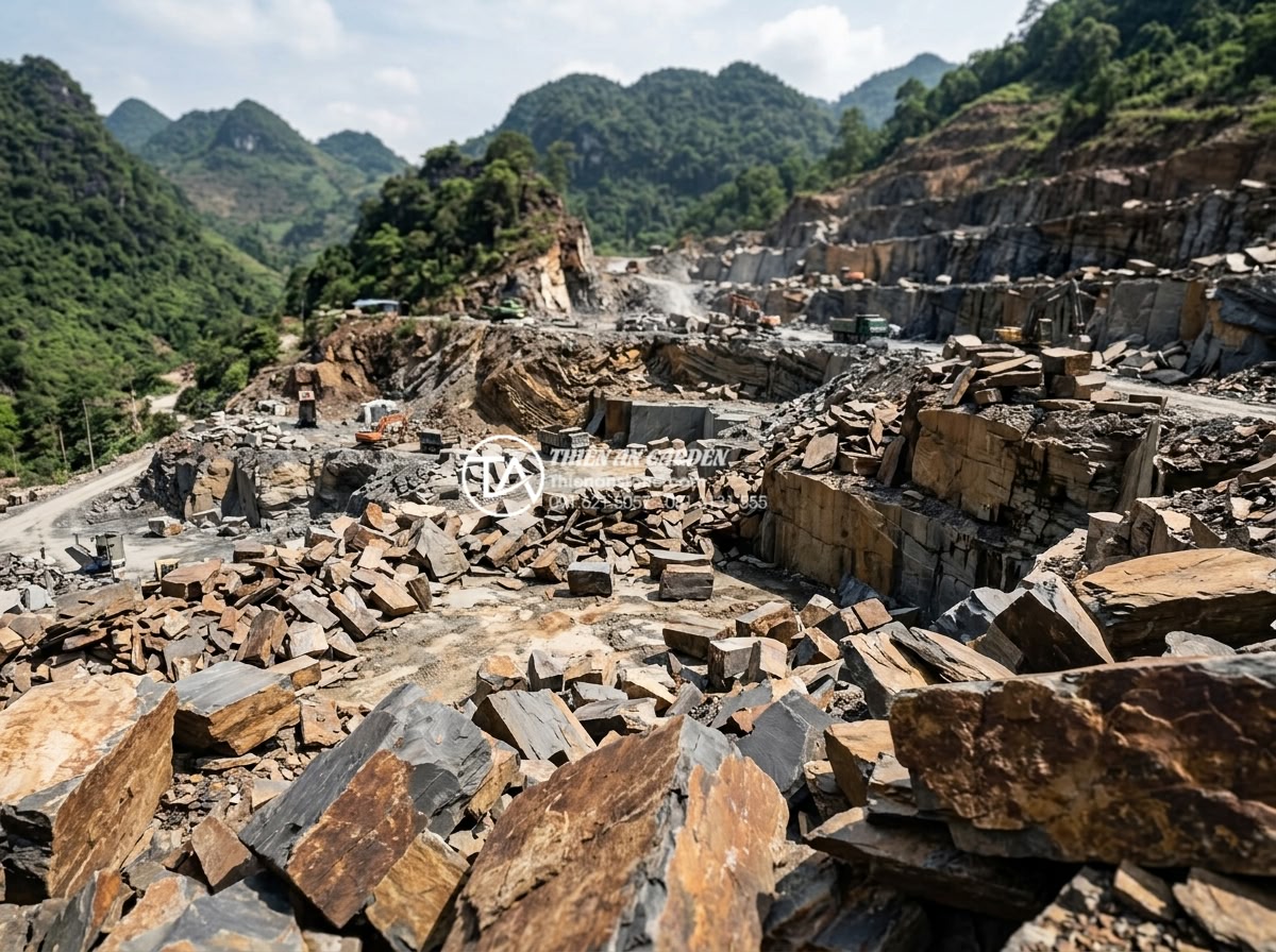 Đá rối vàng quay tay: Quy trình sản xuất và giá trị thẩm mỹ - Panoramic view of a natural stone quarry in Vietnam mountains with raw golden ch