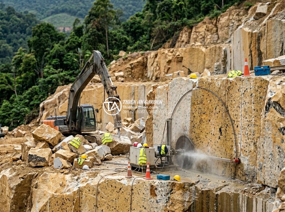 Đá rối vàng quay tay: Quy trình sản xuất và giá trị thẩm mỹ - Realistic scene of workers using diamond wire saws and heavy machinery to extrac