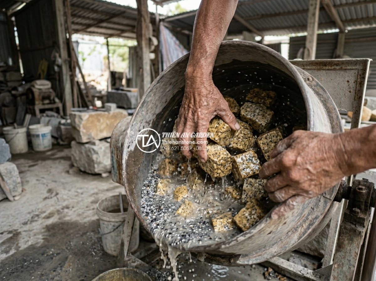Đá rối vàng quay tay: Quy trình sản xuất và giá trị thẩm mỹ - Artisan hands performing traditional hand-tumbling technique on golden natural c