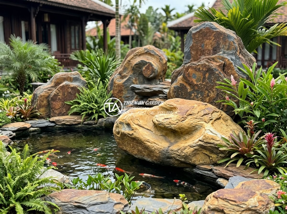 Đá rối vàng quay: Ứng dụng độc đáo trong trang trí tiểu cảnh - Luxurious resort non-bo design incorporating large yellow swirling stones da roi