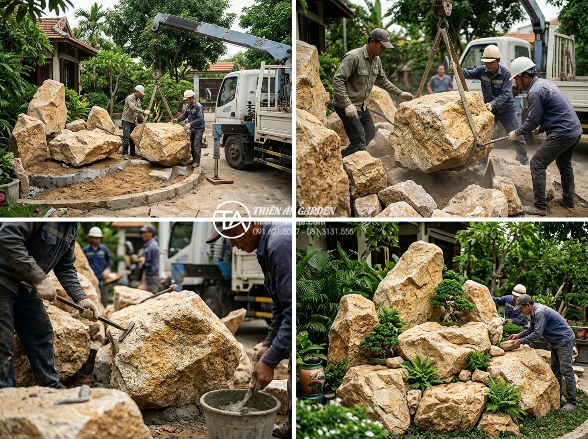 Đá rối vàng quay: Ứng dụng độc đáo trong trang trí tiểu cảnh - Step-by-step professional installation process of da roi vang quay stones in a g