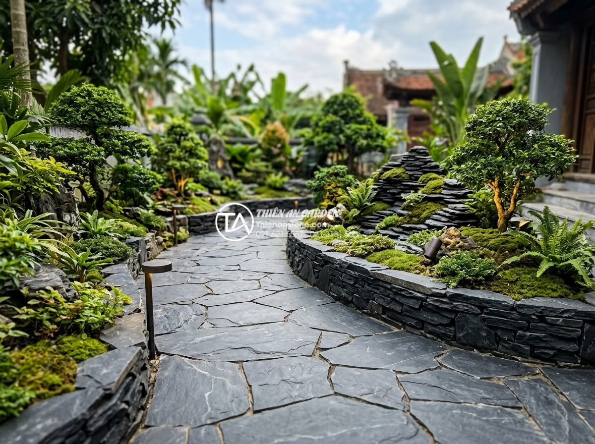 Đá rối vàng quay: Ứng dụng độc đáo trong trang trí tiểu cảnh - Completed construction site of a stone garden featuring da roi vang quay element