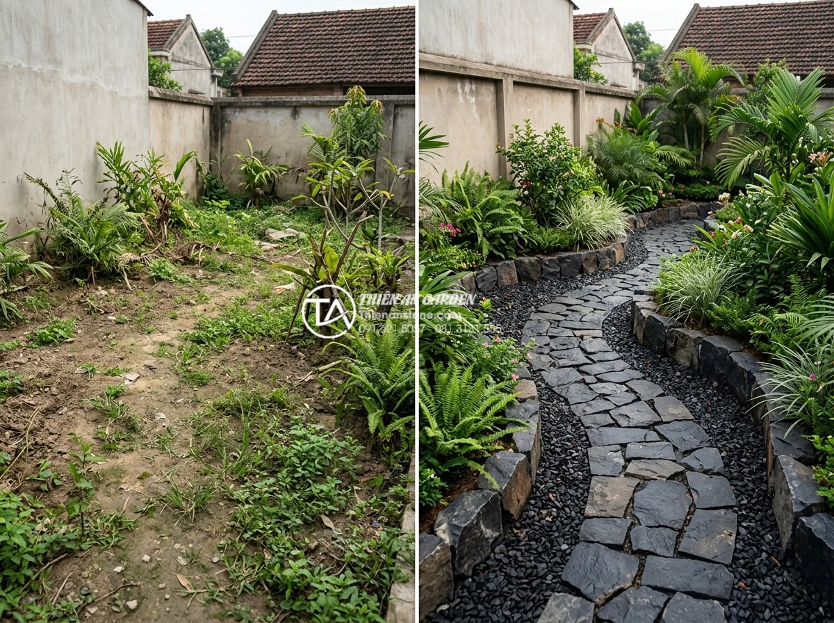 Đá rối vàng quay: Ứng dụng độc đáo trong trang trí tiểu cảnh - Before and after comparison of a garden transformed with da roi vang quay stones