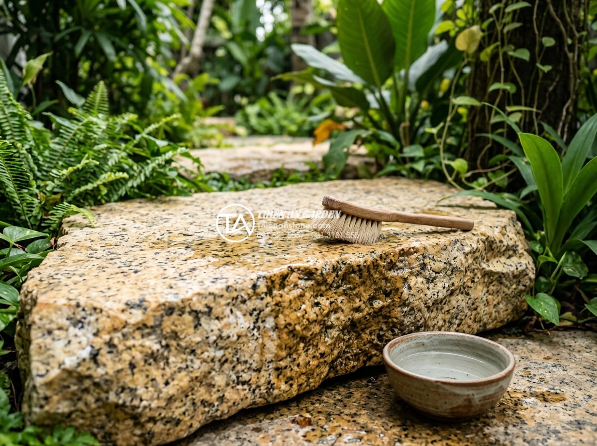 Đá rối vàng quay: Ứng dụng độc đáo trong trang trí tiểu cảnh - Maintenance demonstration on da roi vang quay stones, gentle cleaning with soft 