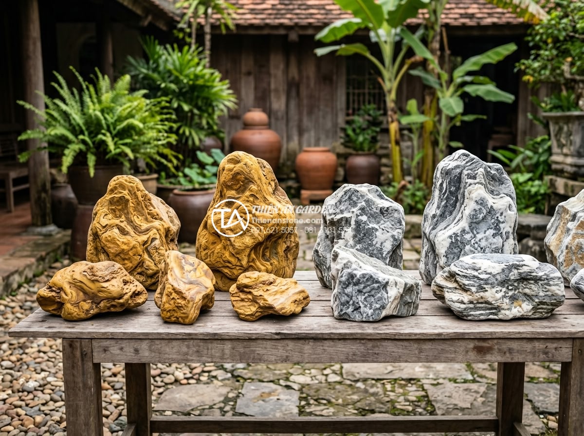 Đá rối vàng quay: Ứng dụng độc đáo trong trang trí tiểu cảnh - Comparative display of different types of da roi stones including golden yellow 