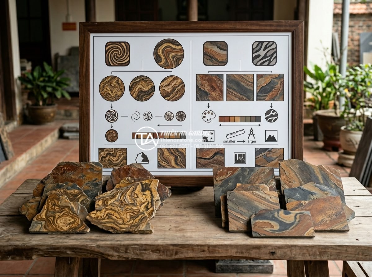Đá rối vàng quay: Ứng dụng độc đáo trong trang trí tiểu cảnh - Visual chart and real stone samples showing differences in swirling patterns bet