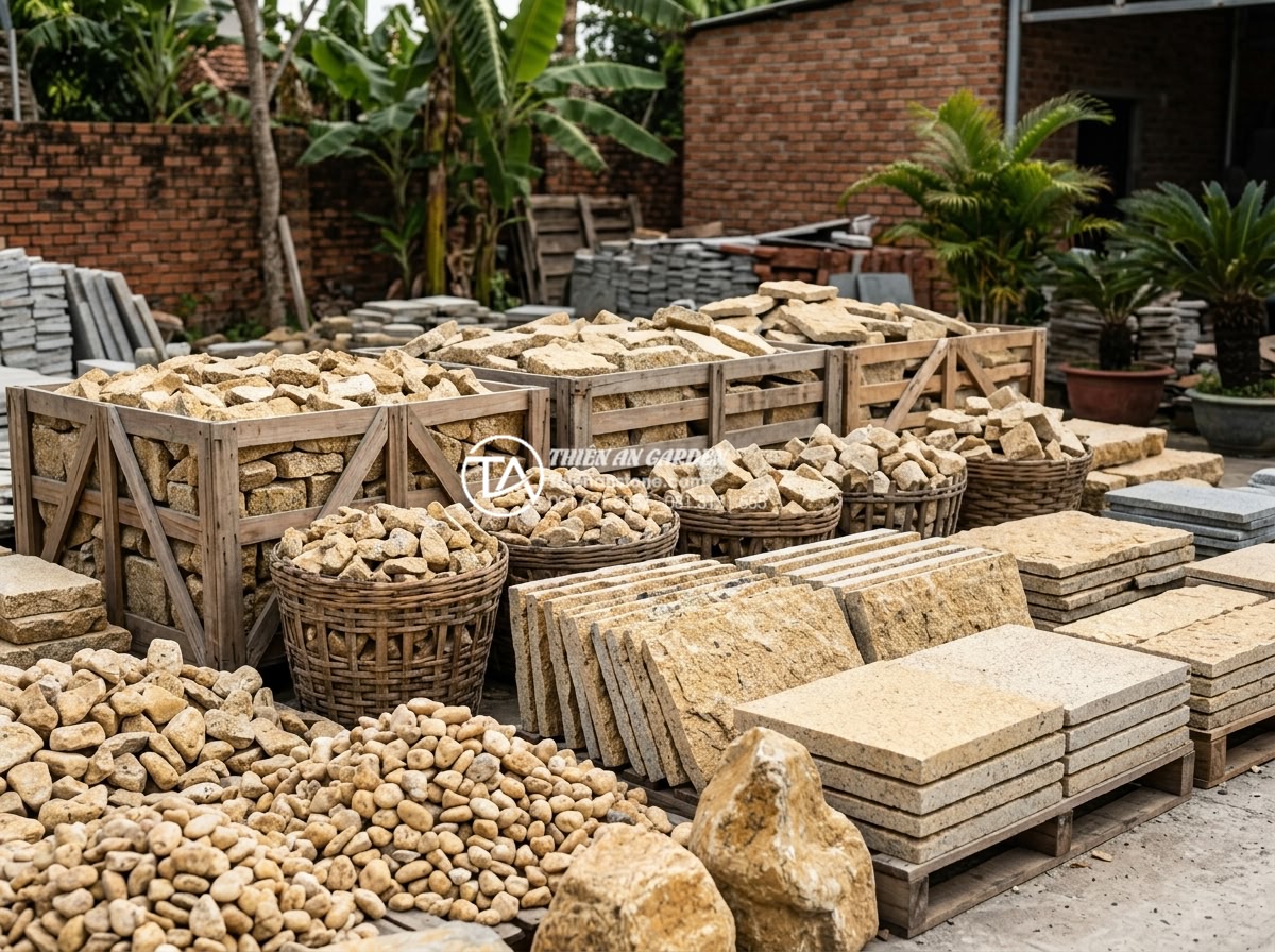 Đá rối vàng quay: Ứng dụng độc đáo trong trang trí tiểu cảnh - Professional team at Da Canh Thien An stone company showcasing premium da roi va