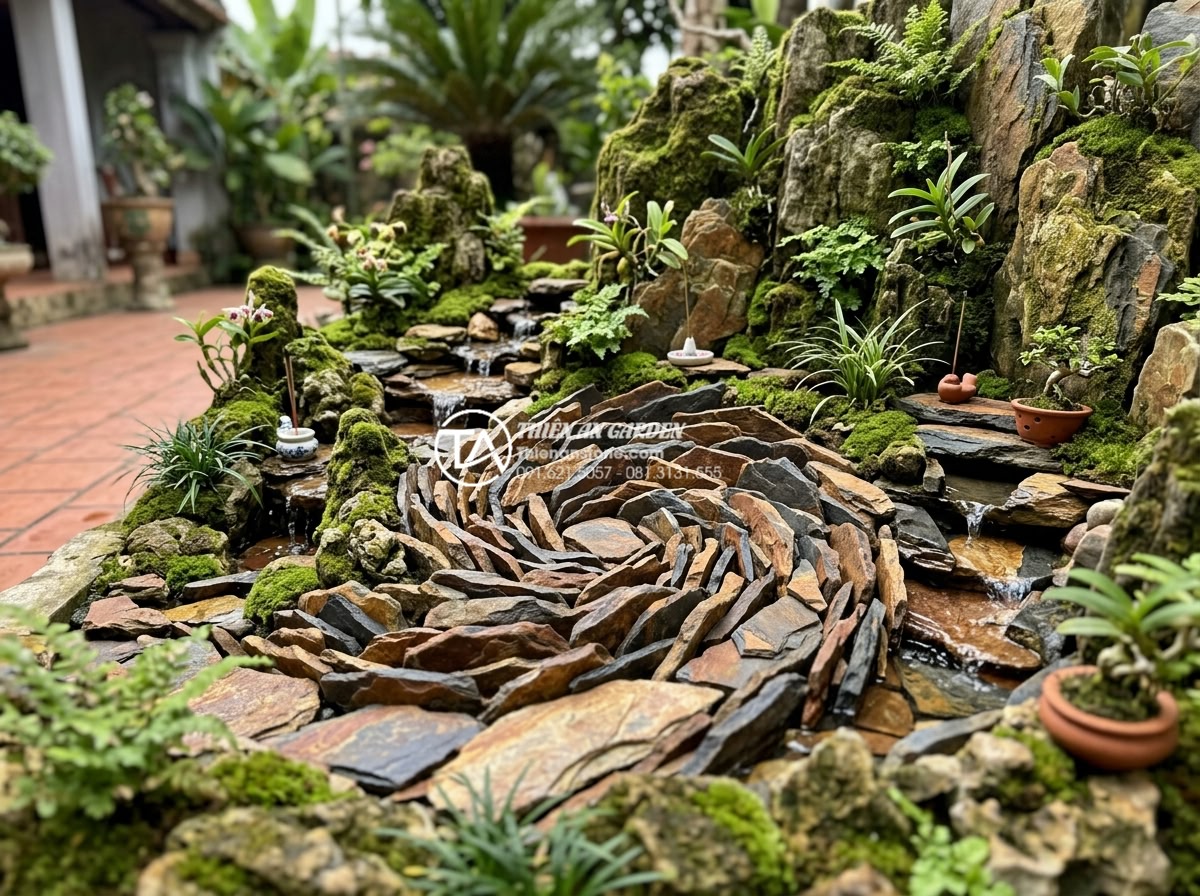 Đá rối vàng quay: Ứng dụng độc đáo trong trang trí tiểu cảnh - Wide angle shot of multiple pieces of golden swirling stones arranged artistical