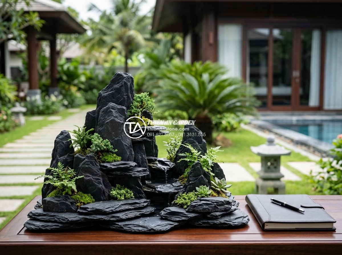 Đá rối vàng quay: Ứng dụng độc đáo trong trang trí tiểu cảnh - Final elegant miniature landscape completed with da roi vang quay stones at a lu
