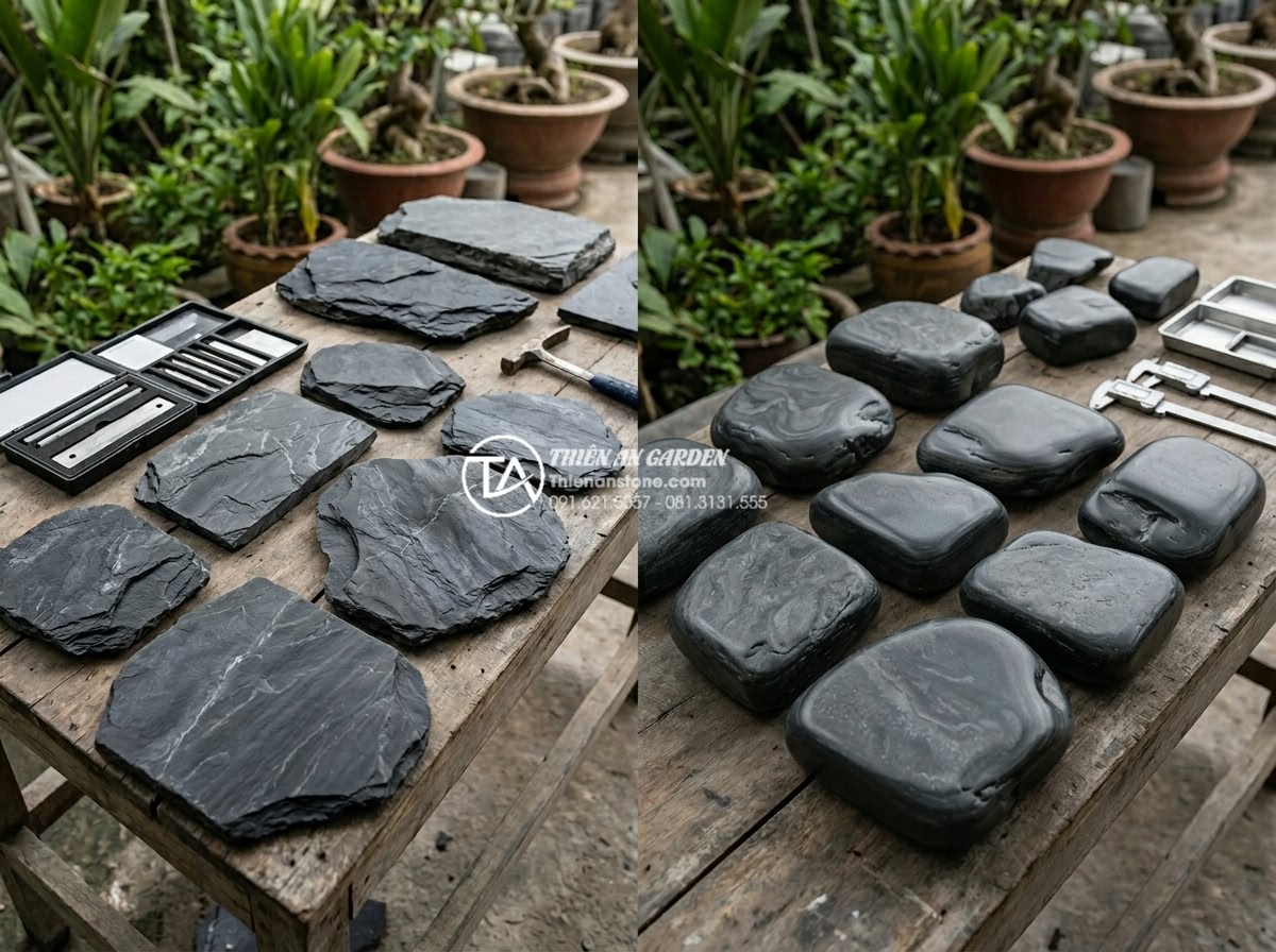 Đá rối vàng quay: Ứng dụng độc đáo trong trang trí tiểu cảnh - Side-by-side comparison image of da roi vang quay stone properties versus regula
