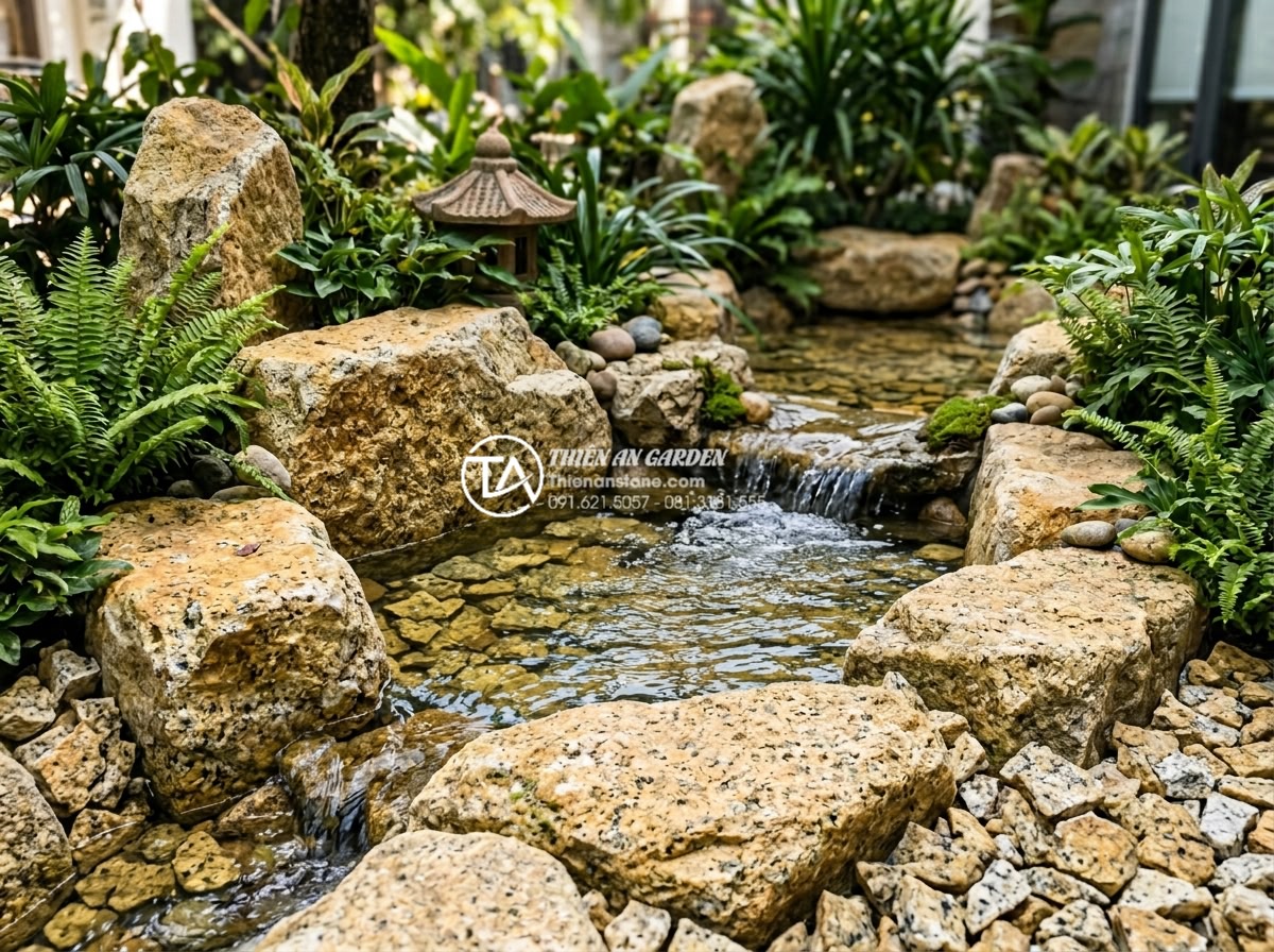 Đá rối vàng quay: Ứng dụng độc đáo trong trang trí tiểu cảnh - Beautiful miniature garden scene featuring prominent da roi vang quay stones arr