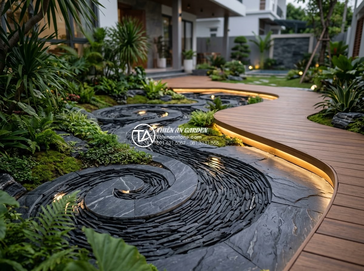 Đá rối vàng quay: Ứng dụng độc đáo trong trang trí tiểu cảnh - Creative application of yellow swirling stones in a modern backyard miniature la