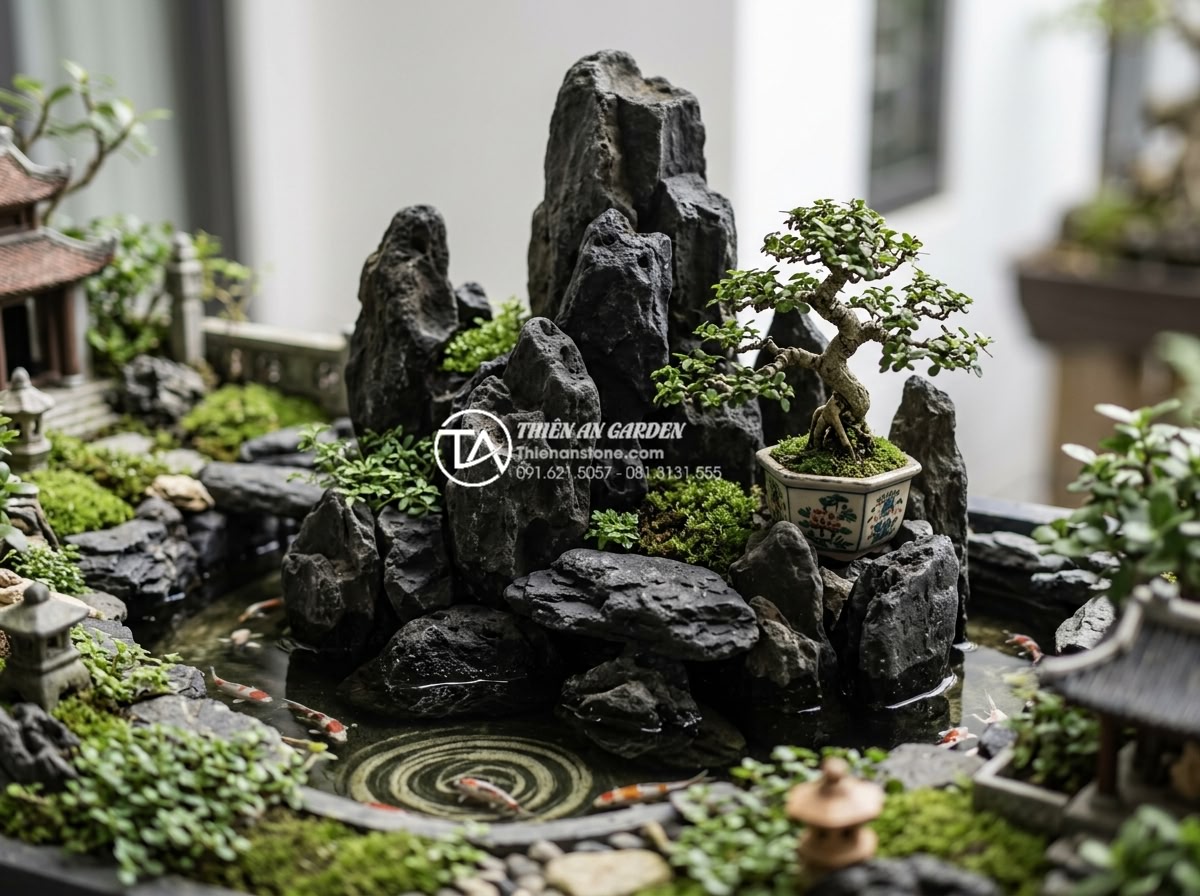 Đá rối vàng quay: Ứng dụng độc đáo trong trang trí tiểu cảnh - Intricate bonsai and koi pond setup with golden da roi vang quay stones forming 