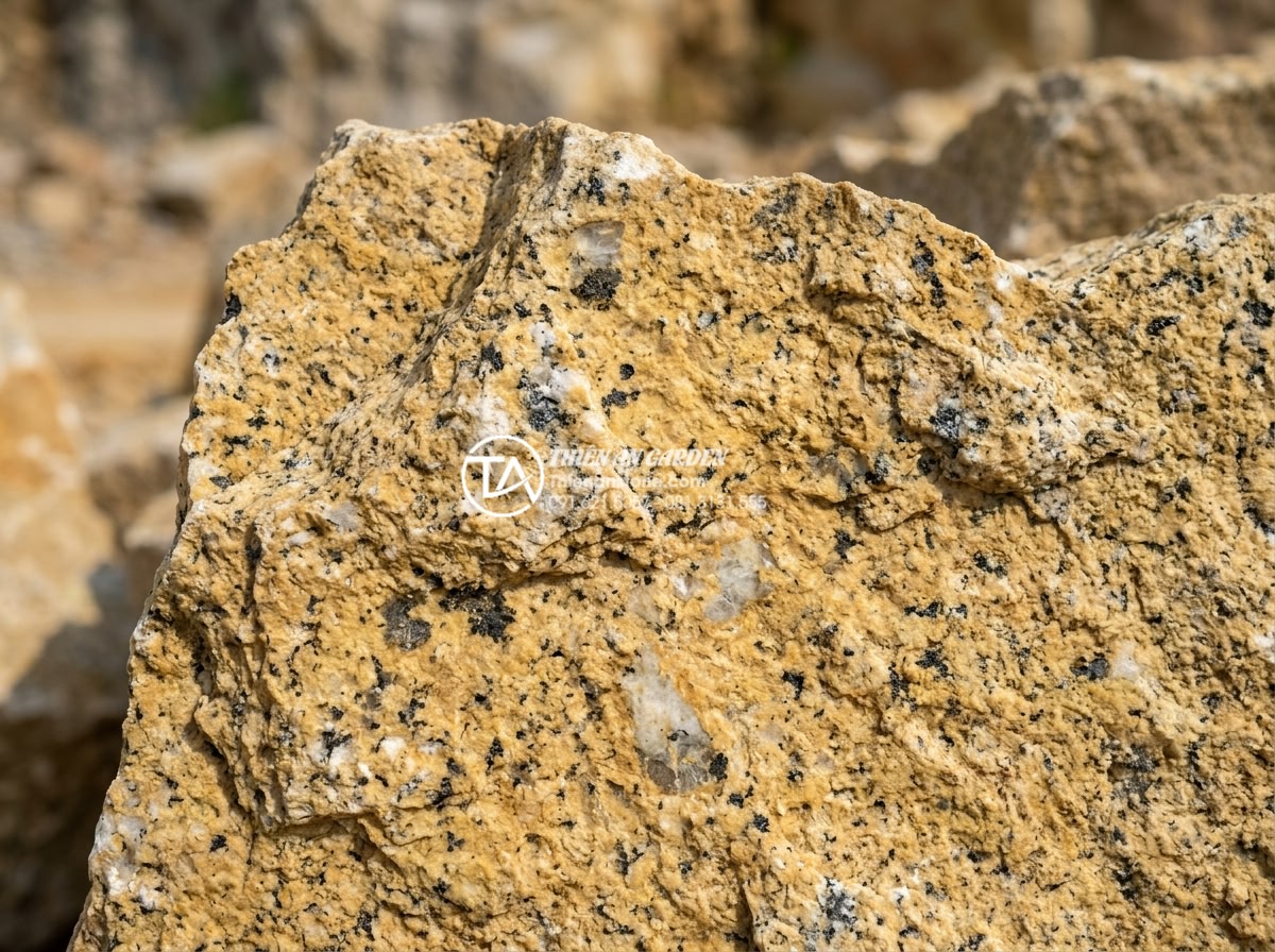 Đá rối vàng: Vẻ đẹp sang trọng từ mỏ đá Bình Định và Nghệ An - Close-up view of golden ruffled natural granite stone showing irregular jagged e