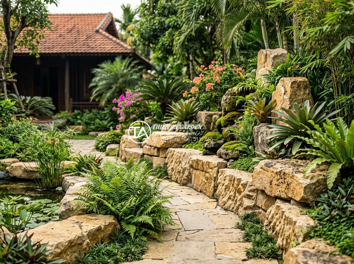Đá rối vàng: Vẻ đẹp sang trọng từ mỏ đá Bình Định và Nghệ An - Completed professional garden with installed golden ruffled stone features and b
