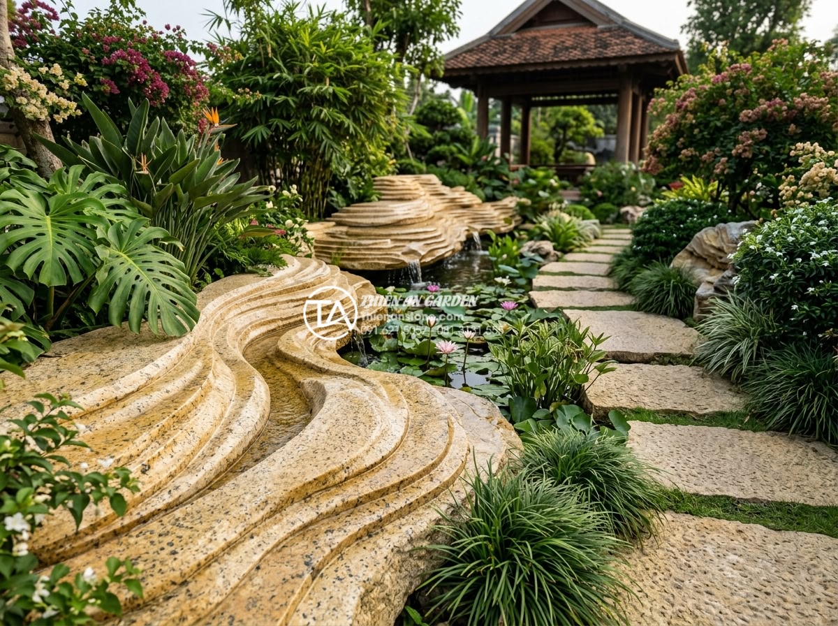 Đá rối vàng: Vẻ đẹp sang trọng từ mỏ đá Bình Định và Nghệ An - Wide angle shot of luxurious golden ruffled stone used in garden landscaping wit