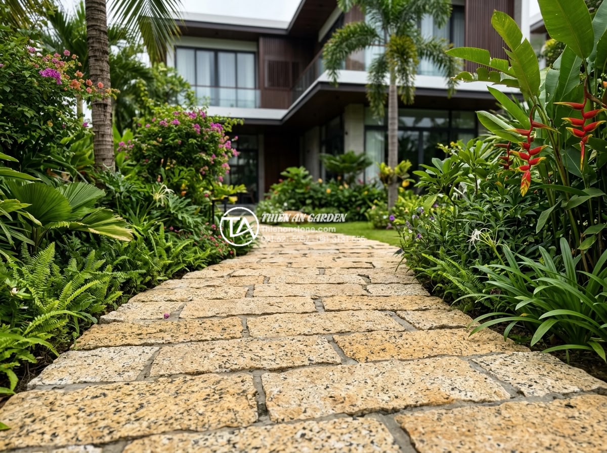 Đá rối vàng: Vẻ đẹp sang trọng từ mỏ đá Bình Định và Nghệ An - Luxurious garden path made with golden ruffled stones from Vietnam, surrounded b