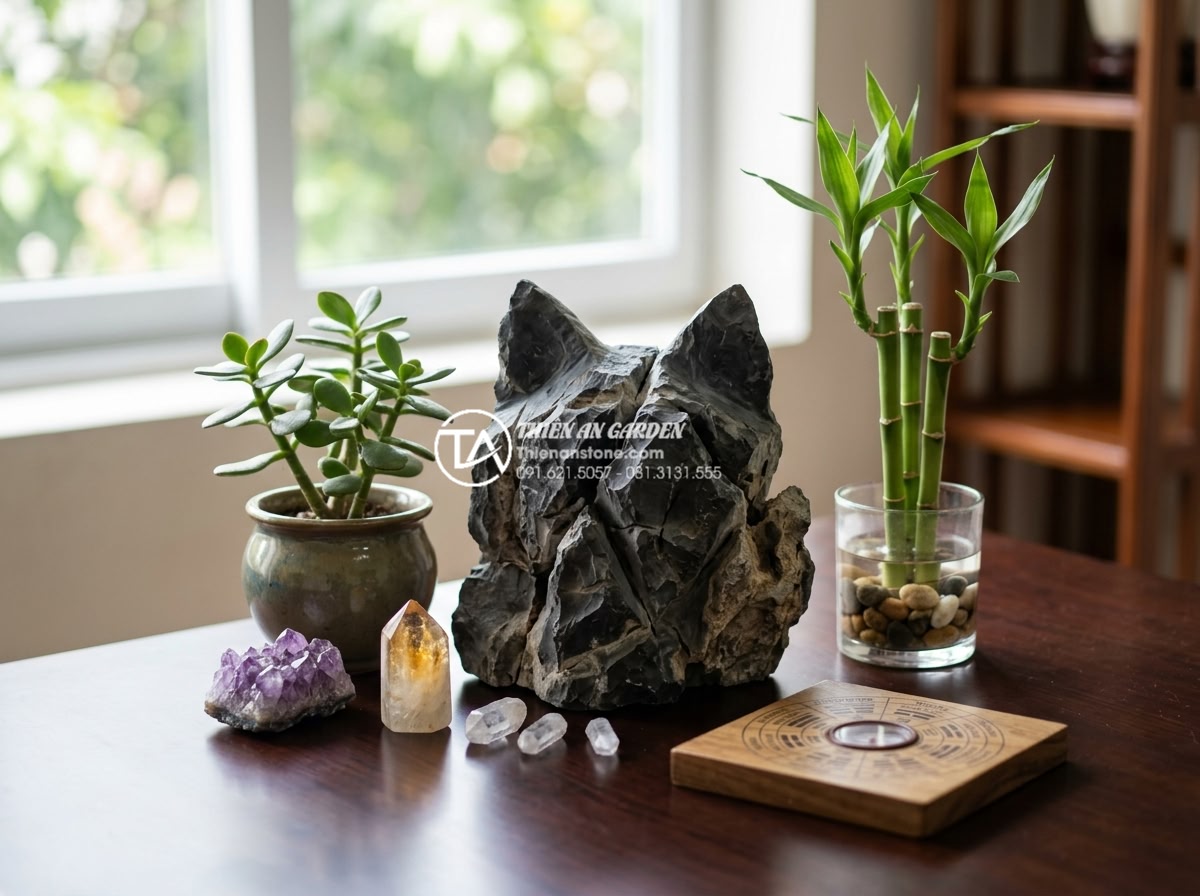 Đá tai mèo mini: Xu hướng decor bàn làm việc được ưa chuộng 2026 - Hình 11 Đá tai mèo mini: Xu hướng decor bàn làm việc được ưa chuộng 2026 - Feng shui inspired desk setup with mini cat ear stone positioned according to di