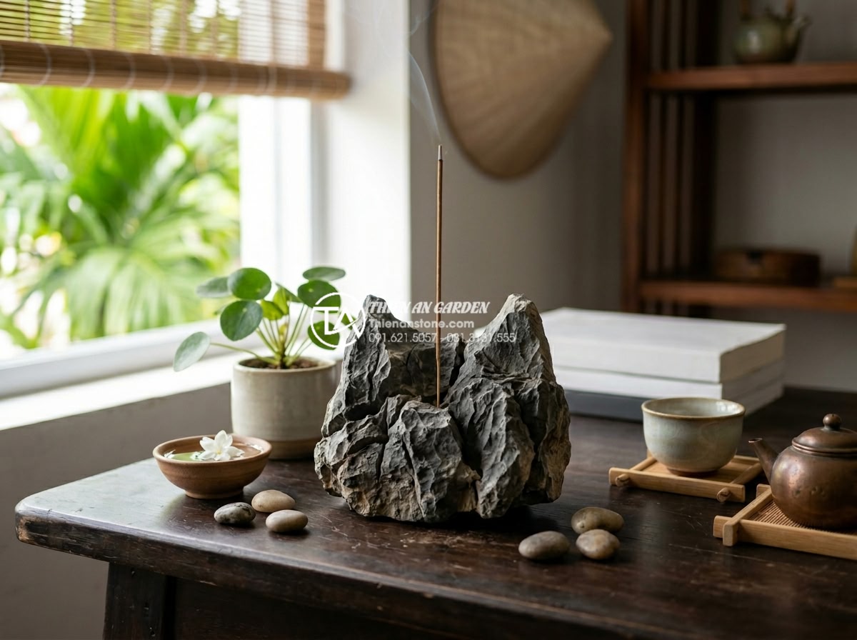 Đá tai mèo mini: Xu hướng decor bàn làm việc được ưa chuộng 2026 - Hình 12 Đá tai mèo mini: Xu hướng decor bàn làm việc được ưa chuộng 2026 - Serene office corner featuring cat ear mini stone with incense holder and calmin