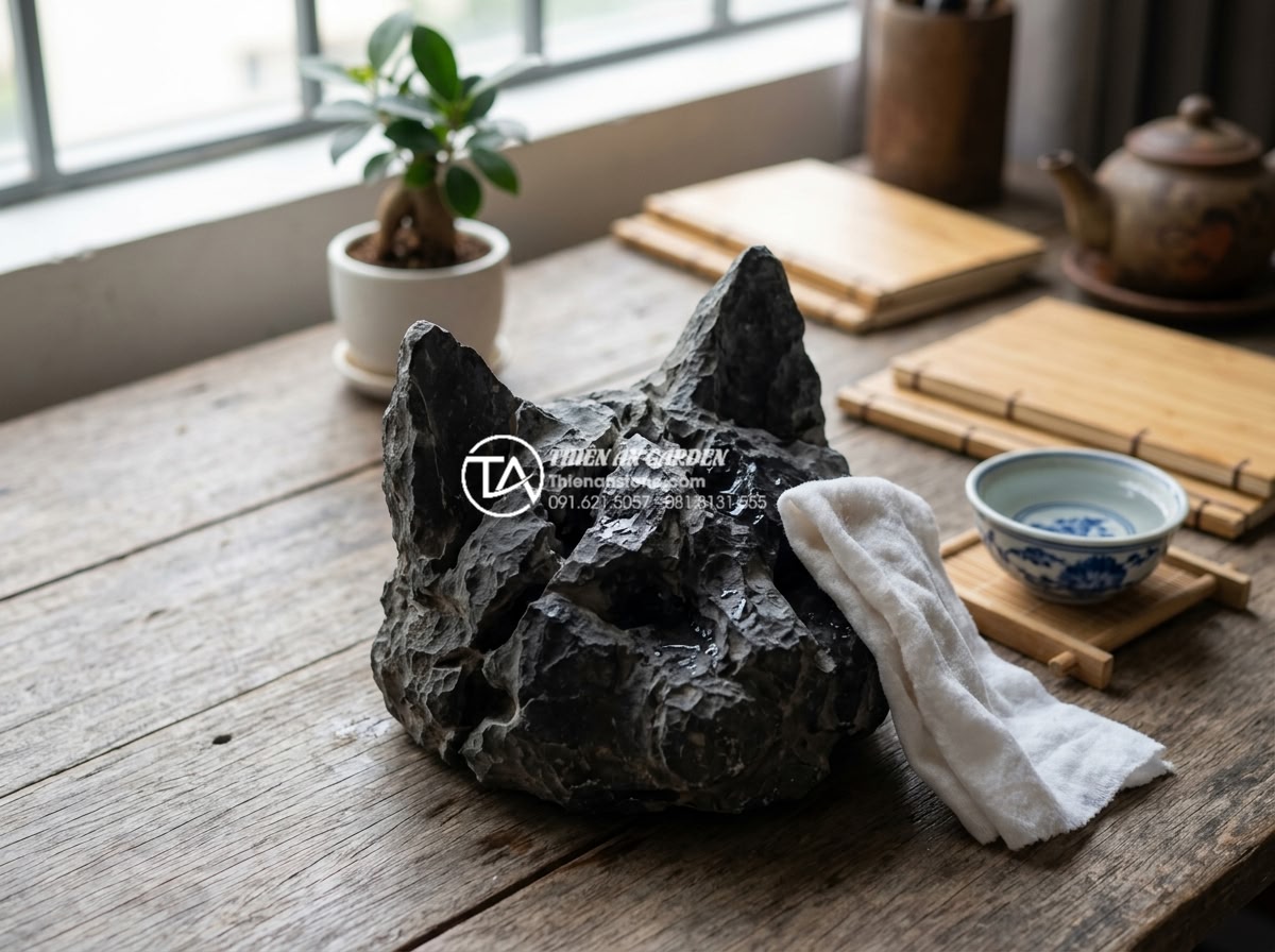 Đá tai mèo mini: Xu hướng decor bàn làm việc được ưa chuộng 2026 - Hình 13 Đá tai mèo mini: Xu hướng decor bàn làm việc được ưa chuộng 2026 - Person gently cleaning a mini cat ear stone with soft cloth and water, showing p