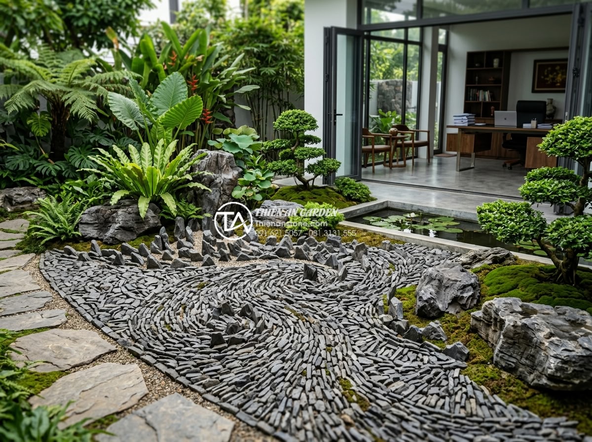 Đá tai mèo mini: Xu hướng decor bàn làm việc được ưa chuộng 2026 - Hình 20 Đá tai mèo mini: Xu hướng decor bàn làm việc được ưa chuộng 2026 - Beautifully arranged mini cat ear stones in a luxurious villa garden and home of