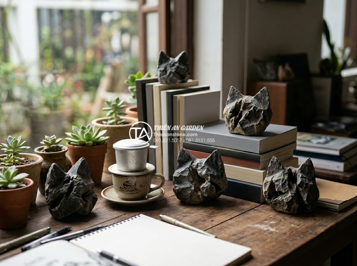 Đá tai mèo mini: Xu hướng decor bàn làm việc được ưa chuộng 2026 - Hình 6 Đá tai mèo mini: Xu hướng decor bàn làm việc được ưa chuộng 2026 - Creative workspace with multiple small cat ear stones integrated into desk decor