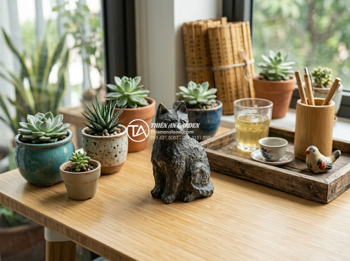 Đá tai mèo mini: Xu hướng decor bàn làm việc được ưa chuộng 2026 - Hình 9 Đá tai mèo mini: Xu hướng decor bàn làm việc được ưa chuộng 2026 - Creative desk decor arrangement with mini cat ear stone as centerpiece surrounde