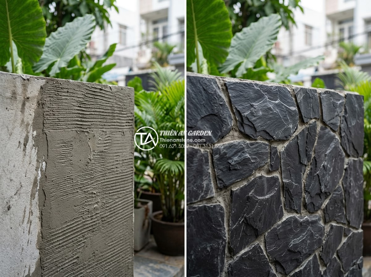 Hướng dẫn cách ốp đá rối đúng kỹ thuật cho thợ và chủ nhà - Before and after comparison of wall surface preparation for natural chaotic ston