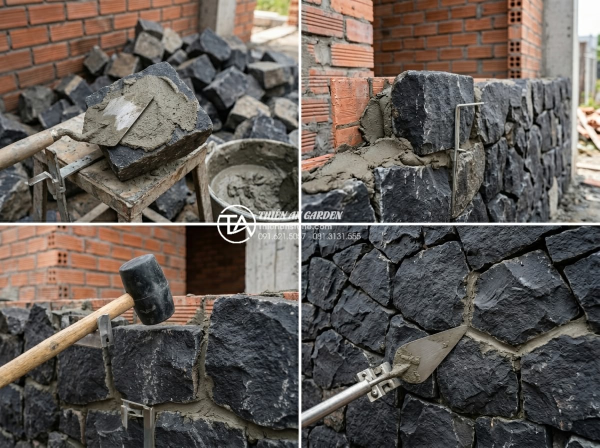 Hướng dẫn cách ốp đá rối đúng kỹ thuật cho thợ và chủ nhà - Detailed step-by-step photos of a mason installing chaotic natural stones on a w