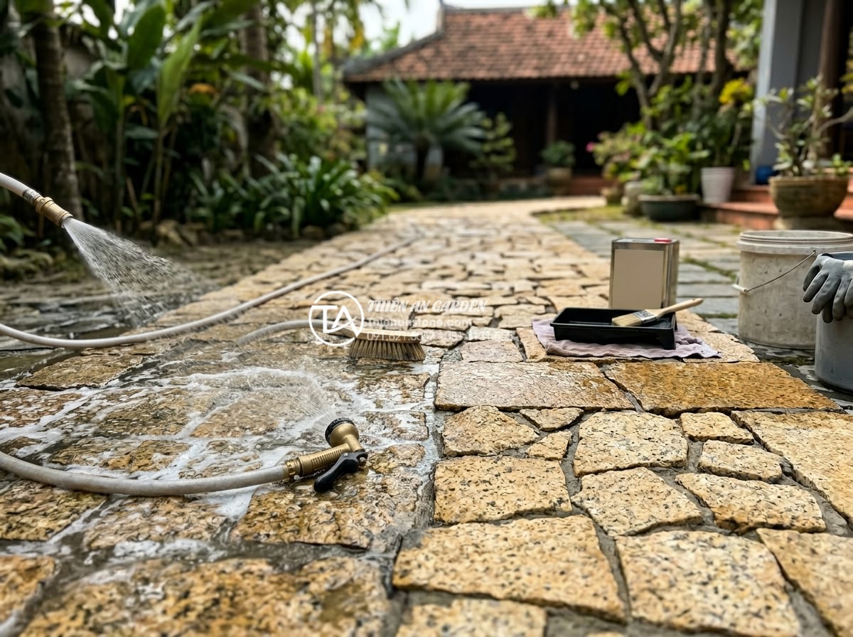 Hướng dẫn cách ốp đá rối đúng kỹ thuật cho thợ và chủ nhà - Maintenance process showing cleaning and sealing of natural chaotic stone surfac