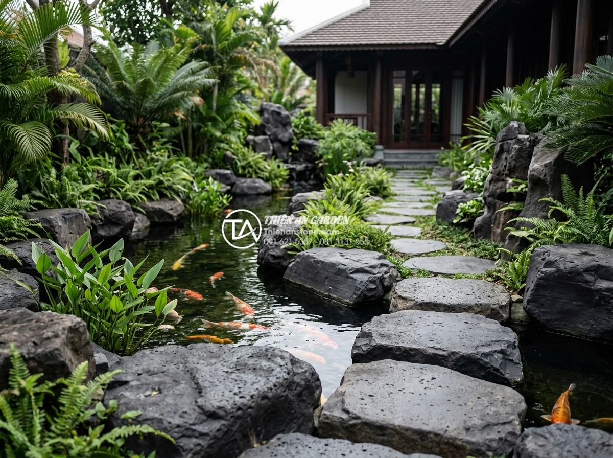 Hướng dẫn cách ốp đá rối đúng kỹ thuật cho thợ và chủ nhà - Real-world application of chaotic stone in luxury villa garden and Koi pond desi