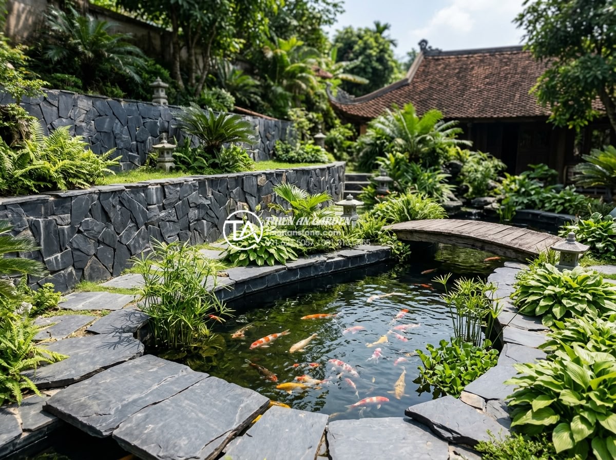 Hướng dẫn cách ốp đá rối đúng kỹ thuật cho thợ và chủ nhà - Wide angle view of a completed garden landscape featuring properly installed cha