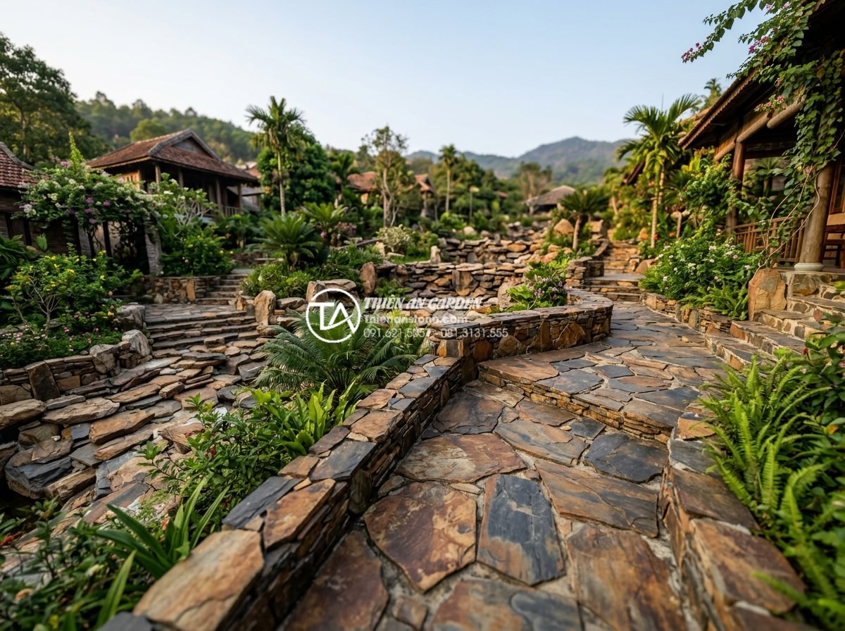 Hướng dẫn cách ốp đá rối đúng kỹ thuật cho thợ và chủ nhà - Panoramic view of complete resort landscape featuring extensive chaotic natural 