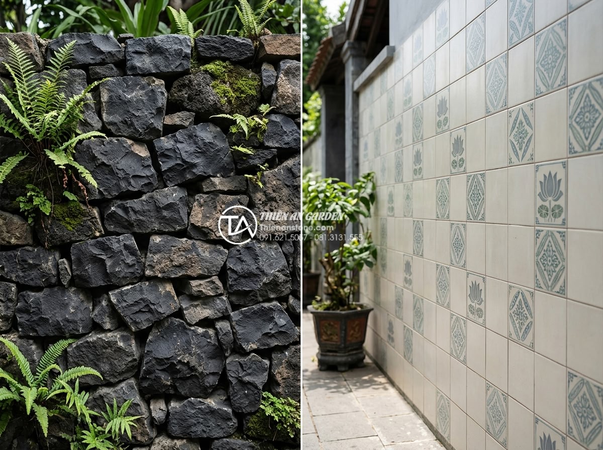 Hướng dẫn cách ốp đá rối đúng kỹ thuật cho thợ và chủ nhà - Comparison photo showing chaotic stone wall versus flat tile wall highlighting n