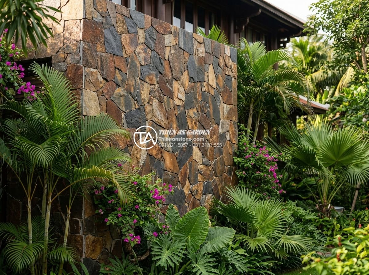 Hướng dẫn cách ốp đá rối đúng kỹ thuật cho thợ và chủ nhà - Luxurious villa exterior wall fully clad in golden chaotic natural stone with su