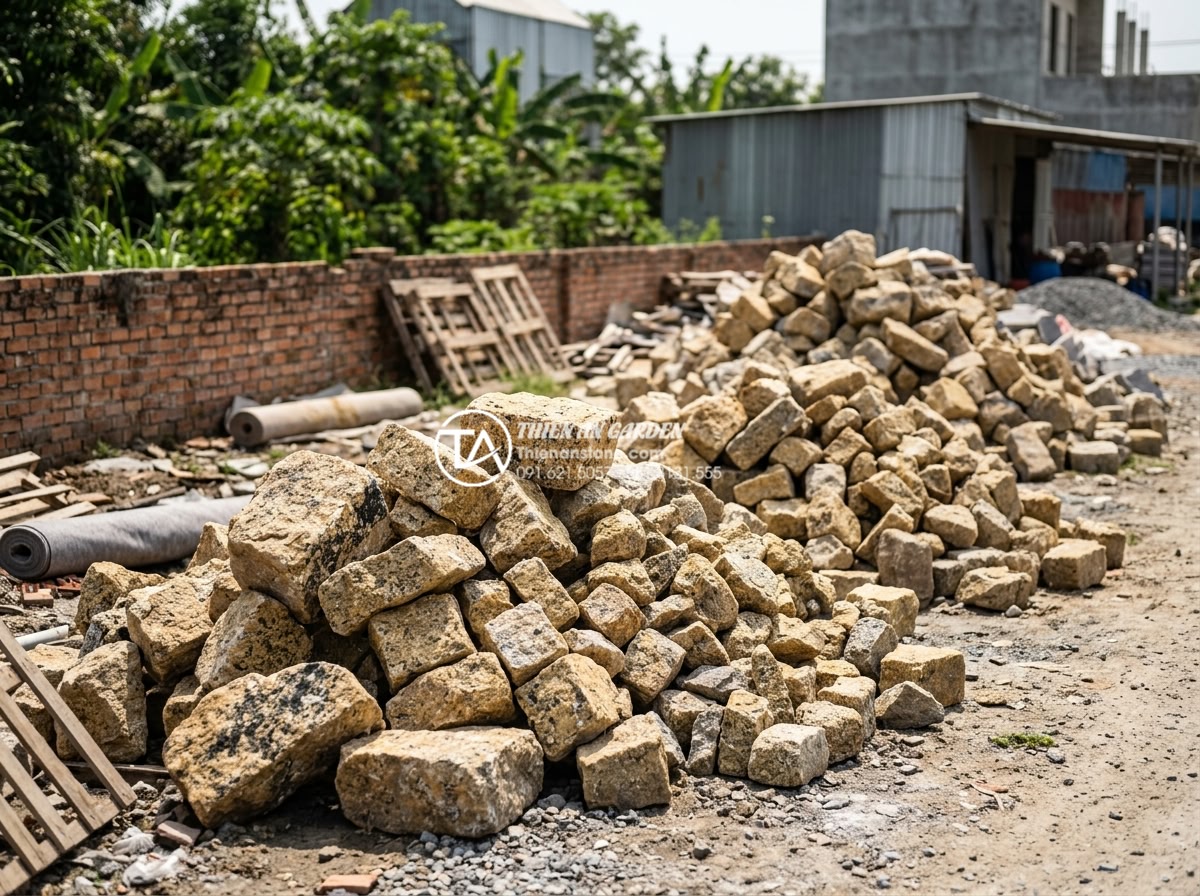 Hướng dẫn cách ốp đá rối đúng kỹ thuật cho thợ và chủ nhà - Assorted piles of different types of chaotic natural stones in yellow, gray, and