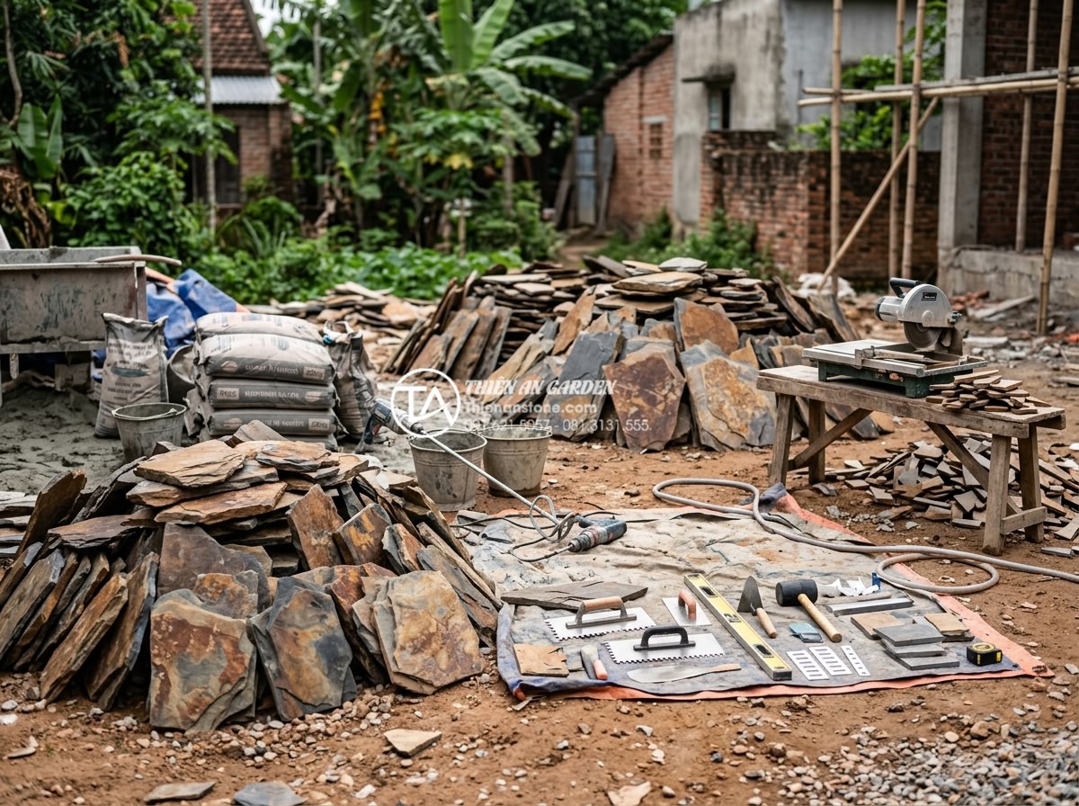 Hướng dẫn cách ốp đá rối đúng kỹ thuật cho thợ và chủ nhà - Professional setup showing all necessary materials laid out on site for chaotic 