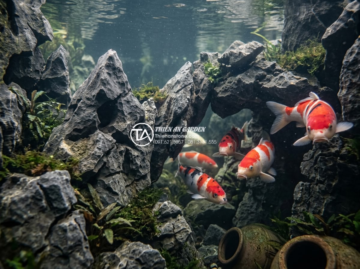 Hướng dẫn đục lỗ và tạo hang hốc cho đá tai mèo làm hang cho cá - Underwater view of cat ear stone cave system with koi fish swimming inside natur