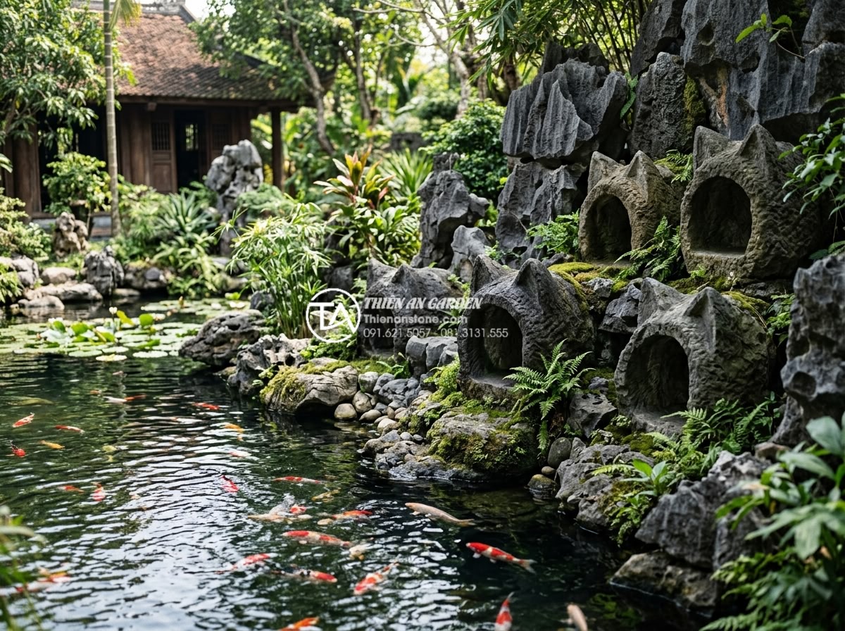 Hướng dẫn đục lỗ và tạo hang hốc cho đá tai mèo làm hang cho cá - Aesthetic arrangement of carved cat ear stone caves integrated into a koi pond l