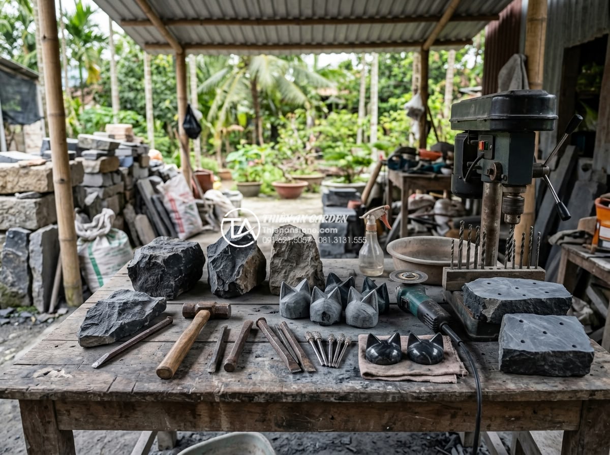 Hướng dẫn đục lỗ và tạo hang hốc cho đá tai mèo làm hang cho cá - Workshop setup showing all necessary tools and materials arranged for cat ear st