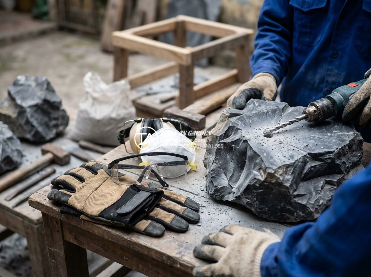 Hướng dẫn đục lỗ và tạo hang hốc cho đá tai mèo làm hang cho cá - Safety equipment and protective gear being worn by a stone craftsman while drill