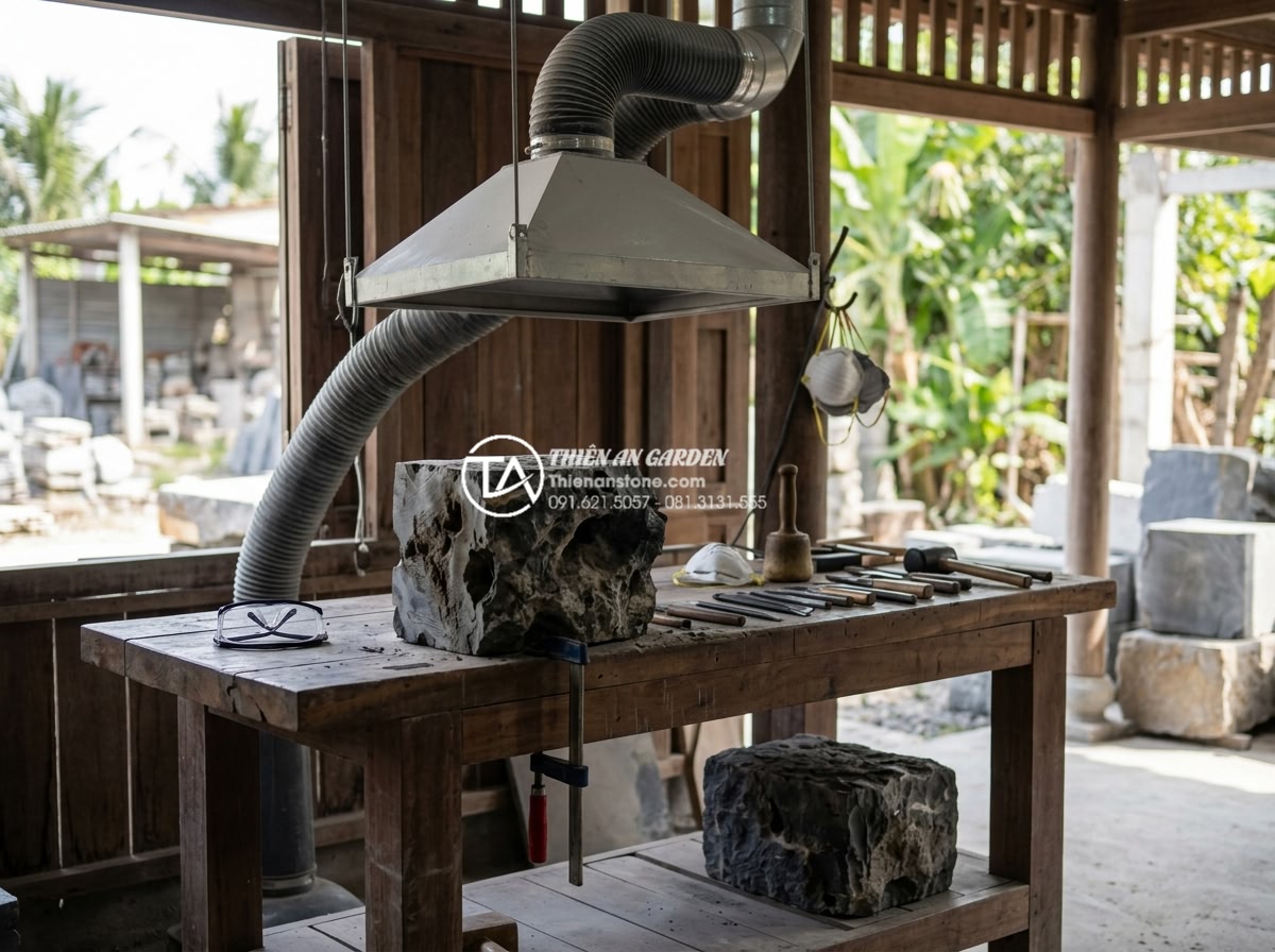 Hướng dẫn đục lỗ và tạo hang hốc cho đá tai mèo làm hang cho cá - Safe workspace environment for stone carving showing ventilation system and secu