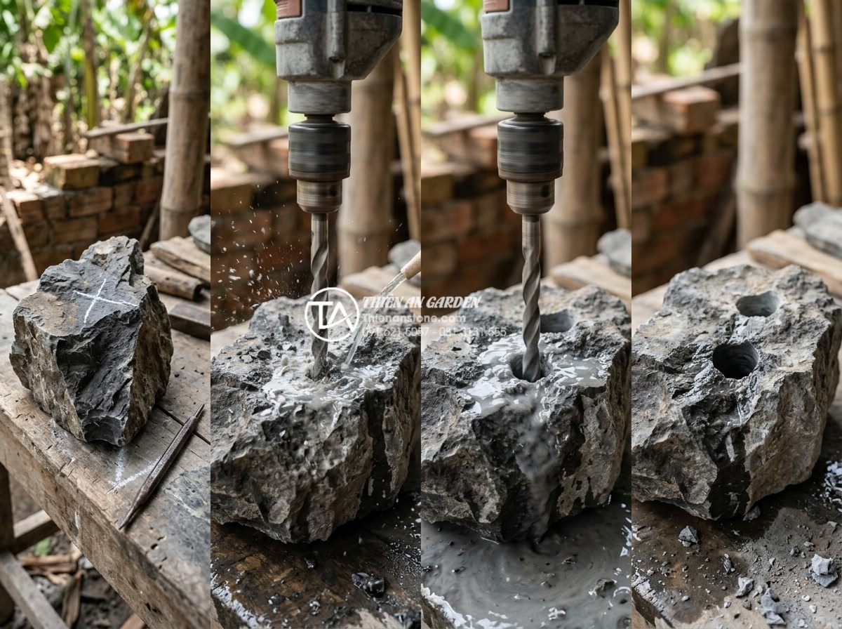 Hướng dẫn đục lỗ và tạo hang hốc cho đá tai mèo làm hang cho cá - Step-by-step sequence photos showing drilling process on cat ear stone from mark