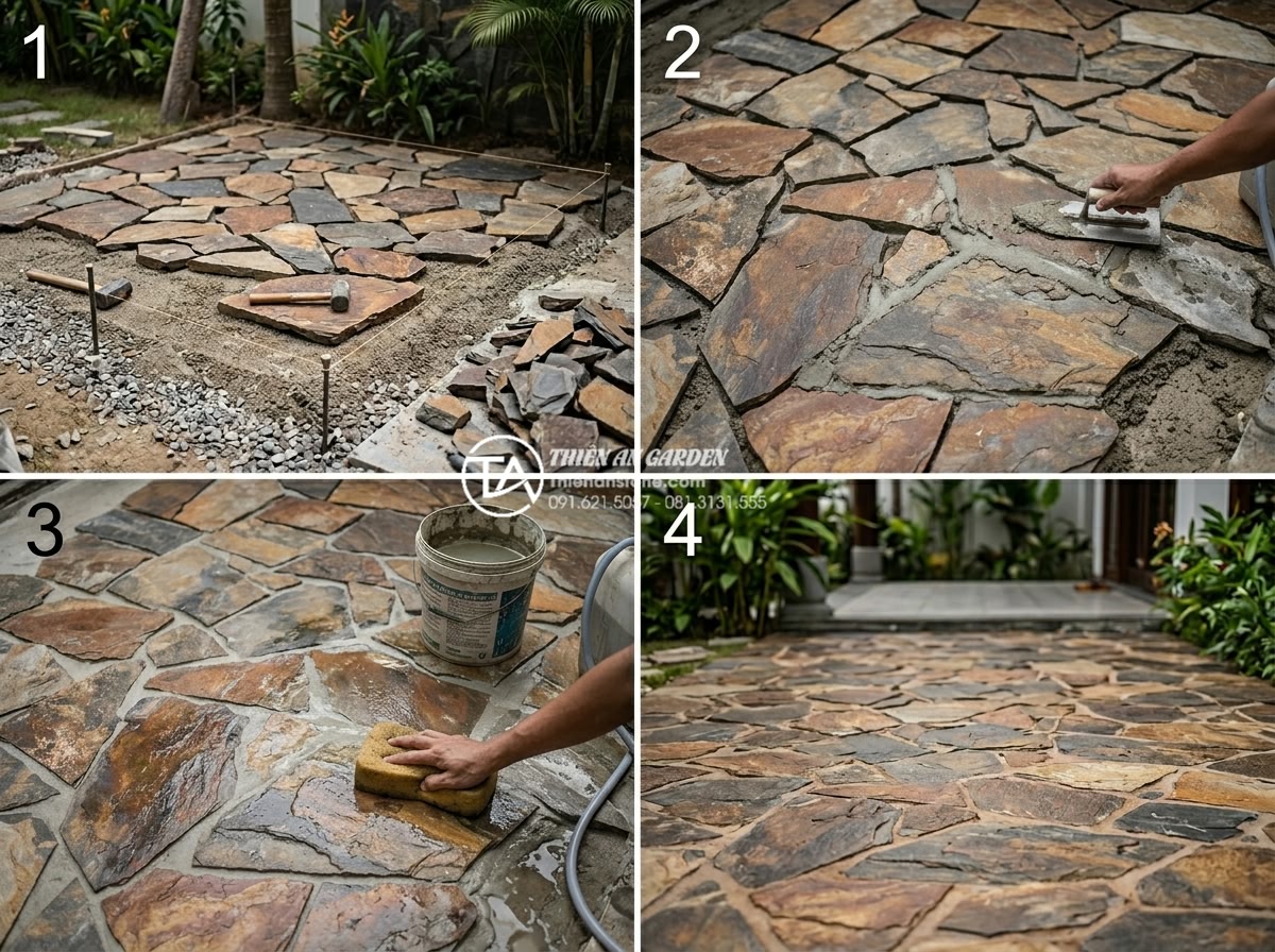 Kỹ thuật chà ron đá rối: Bí quyết để có mạch đá đều và đẹp - Complete guide visualization of chaotic stone paving and grouting workflow with 