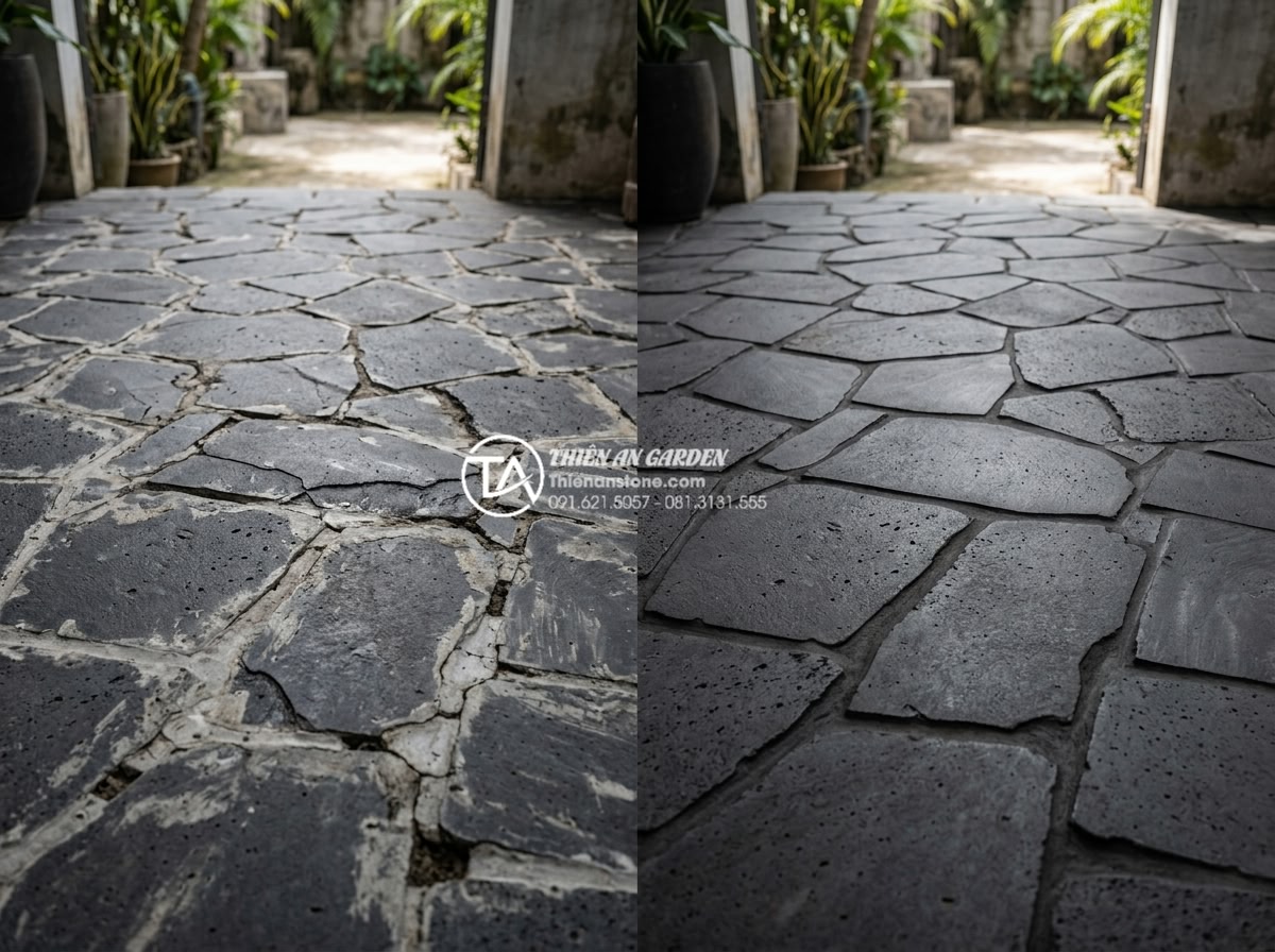 Kỹ thuật chà ron đá rối: Bí quyết để có mạch đá đều và đẹp - Common mistakes in stone grouting shown side by side with corrected professional