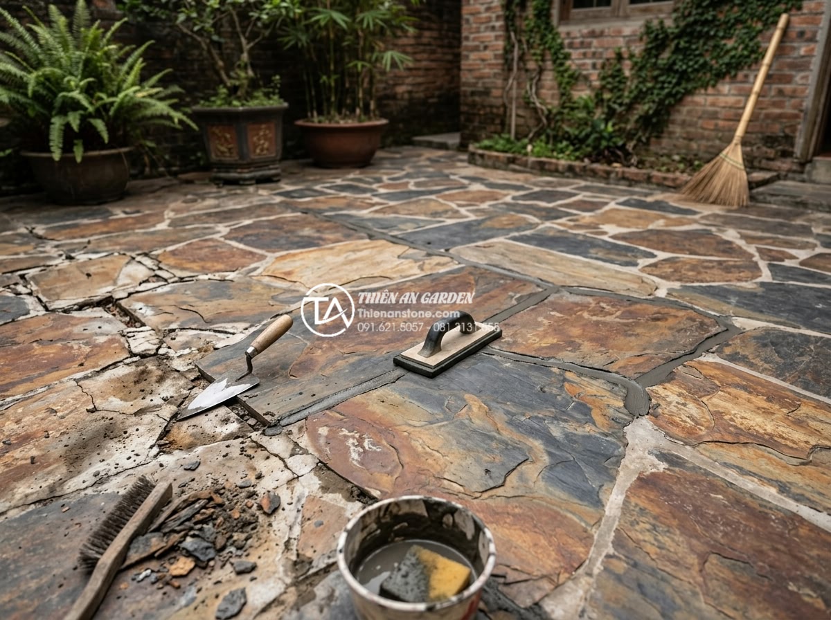 Kỹ thuật chà ron đá rối: Bí quyết để có mạch đá đều và đẹp - Repair process for grouting errors on chaotic stone paving, demonstrating correc