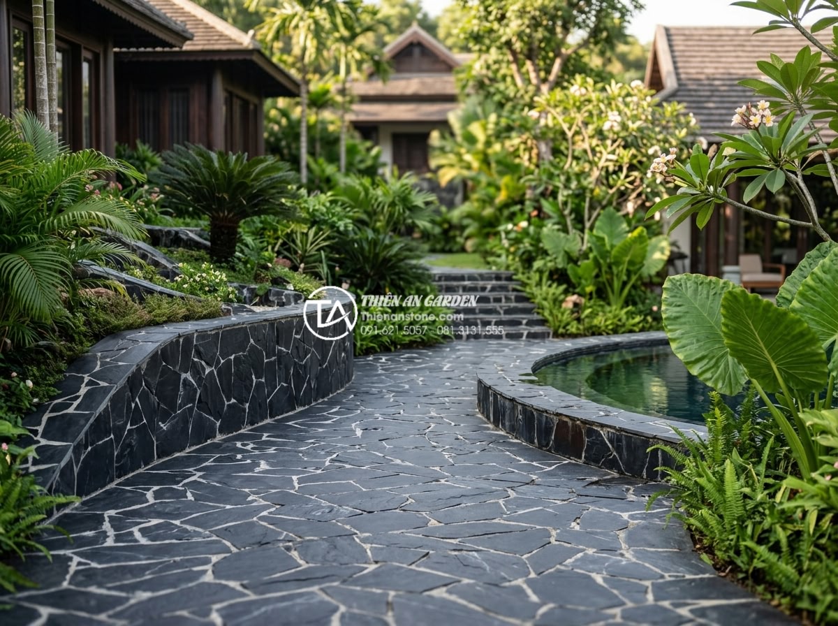 Kỹ thuật chà ron đá rối: Bí quyết để có mạch đá đều và đẹp - Diverse real-world applications of grouted chaotic stones in luxury resort and v