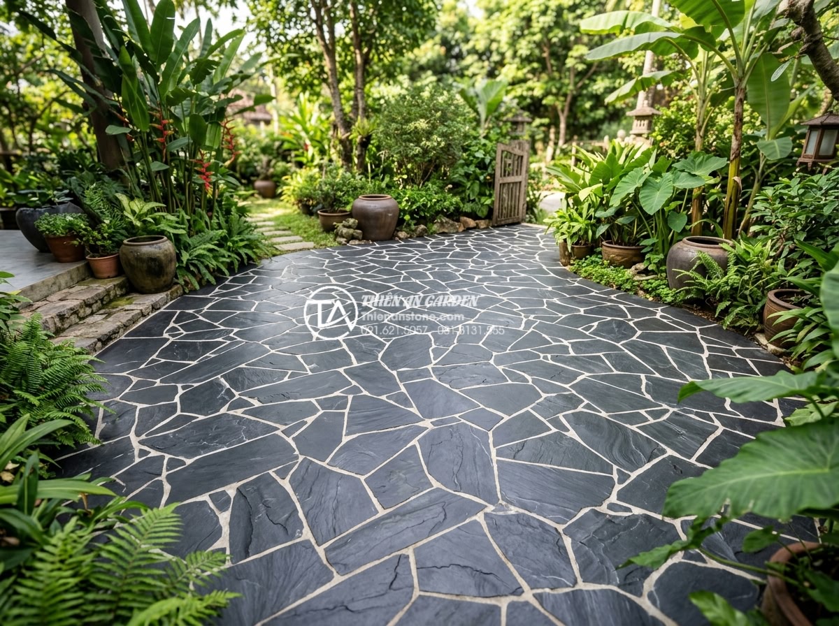 Kỹ thuật chà ron đá rối: Bí quyết để có mạch đá đều và đẹp - Wide angle shot of a completed chaotic stone patio with professional grouting te