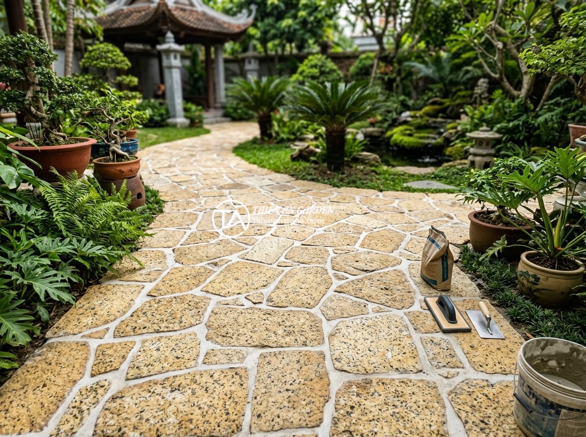 Kỹ thuật chà ron đá rối: Bí quyết để có mạch đá đều và đẹp - Professional team from Da Canh Thien An working on high-quality chaotic stone gr